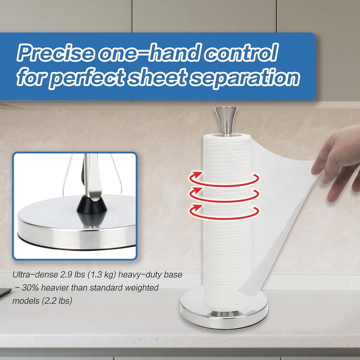 Stainless Steel Paper Towel Holder – Heavy-Duty Base & Suction Cup, Non-Slip for Countertops, One-Hand Tear Design, Fits All Roll Sizes