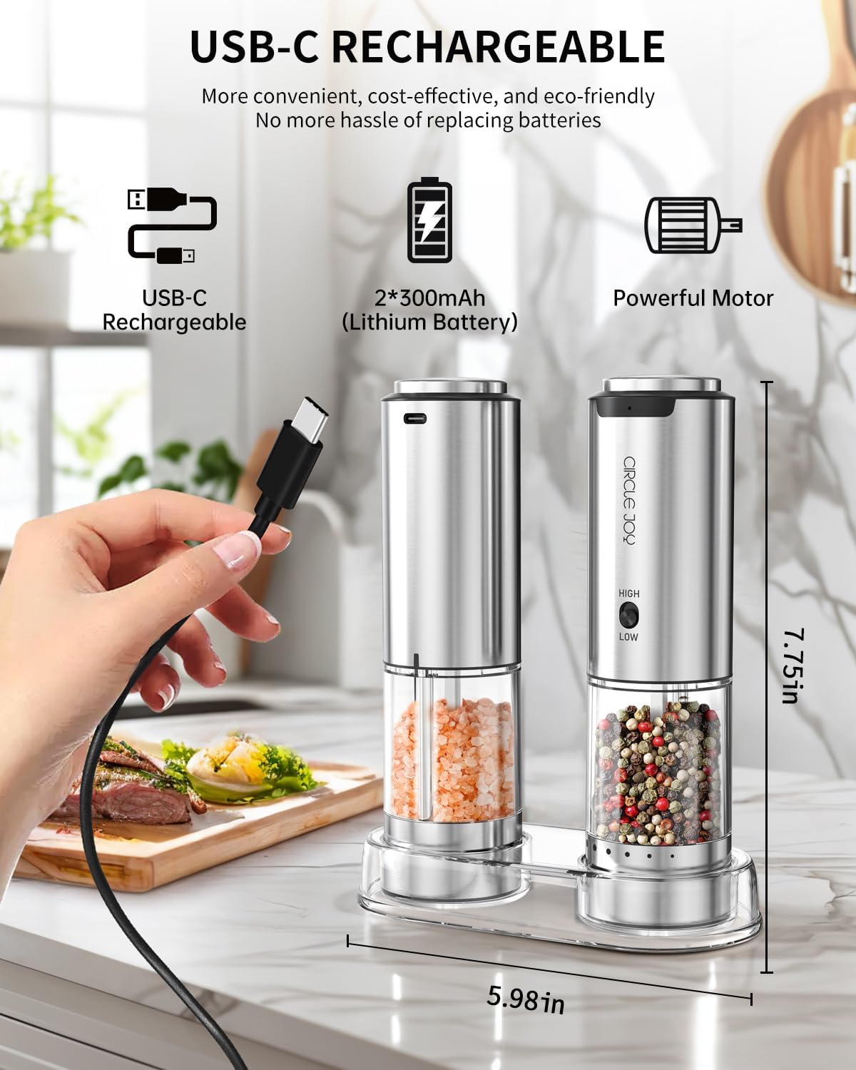 CIRCLE JOY Electric Salt and Pepper Grinder Set Stainless Steel Rechargeable Salt and Pepper Grinder Set, Variable Grinding Speed, External Adjustable Coarseness, Storage Base, White LED Light, Silver