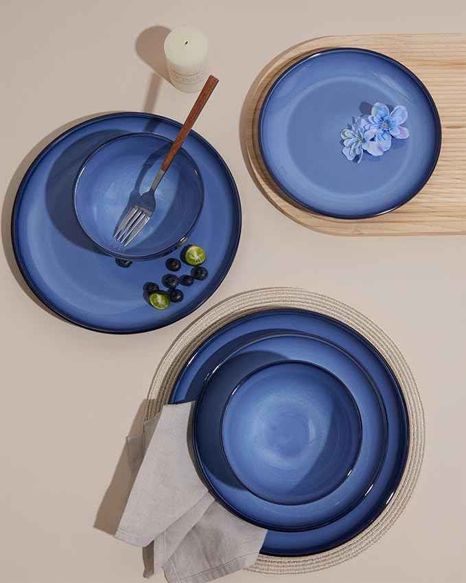 Blue Stoneware Dinnerware Set, 12 pcs Reactive Glaze Plates and Bowls Sets, Handmade Round Dishes Set for 4, Highly Chip and Crack Resistant Modern Plate Set