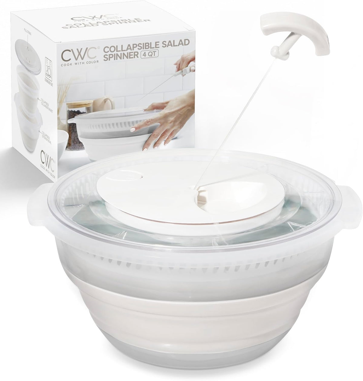 COOK WITH COLOR Collapsible Salad Spinner - 4 QT Space Saving Lettuce Dryer with Folding Collapsible Colander Great for Washing and Drying Fruit and Vegetables (White)