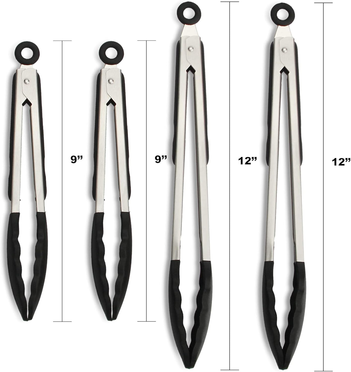 4 Pack Black Kitchen Tongs, Premium Silicone BPA Free Non-Stick Stainless Steel BBQ Cooking Grilling Locking Food Tongs, 9-Inch & 12-Inch