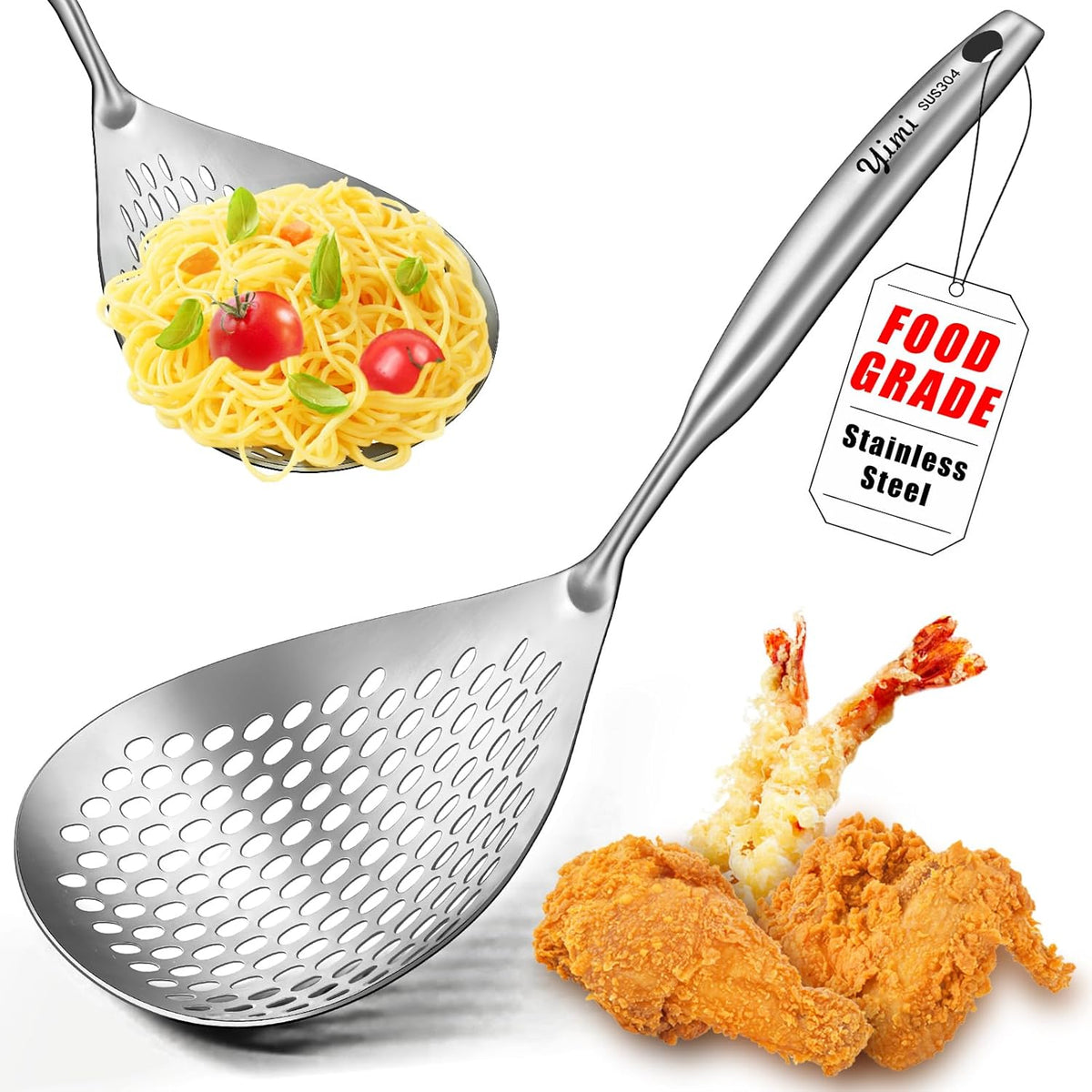 Large Skimmer Slotted Spoon, 304 Stainless Steel Pasta Strainer Colander Spoon, Spider Ladle with Big Draining Holes, Deep Fryer Scoop for Frying, Cooking, Draining, Ideal for Gift, 15''