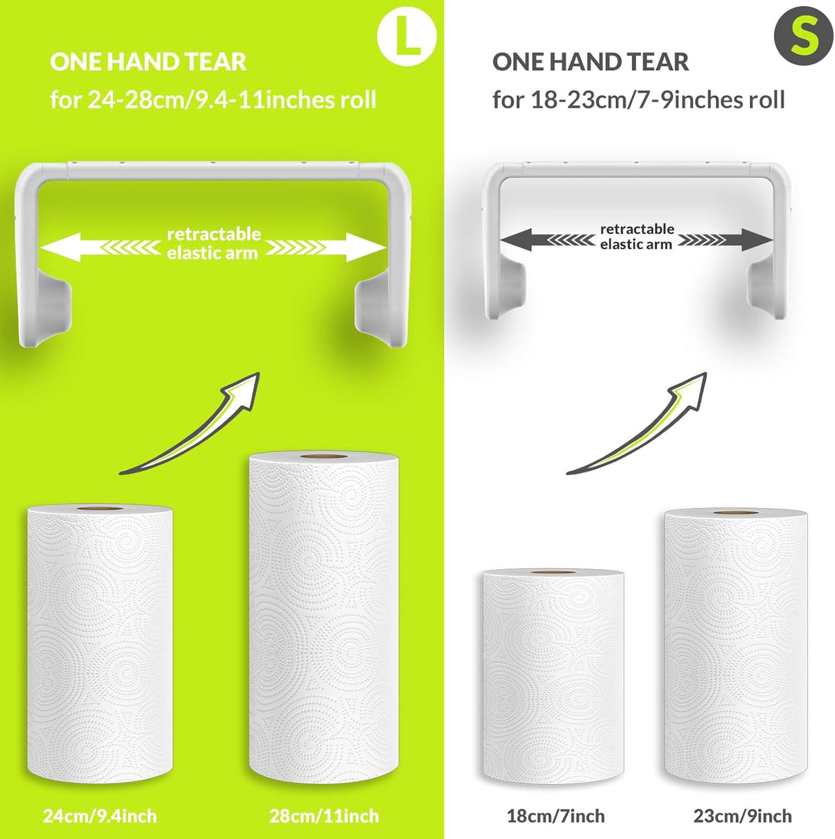 simpletome Paper Towel Holder Under Cabinet or Wall Mount ONE Hand Operation Tension Arm Kitchen Roll Holder (White, for 24-28cm/9.4-11inches roll)