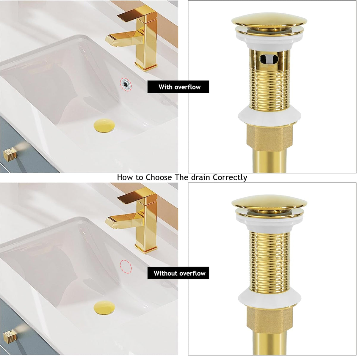 Bathroom Sink Drain, 4 Pack Gold Drain Stopper with Overflow,Pop Up Drain Assembly Without Detachable Strainer Basket,Built-in Anti-Clogging Strainer,Stainless Steel