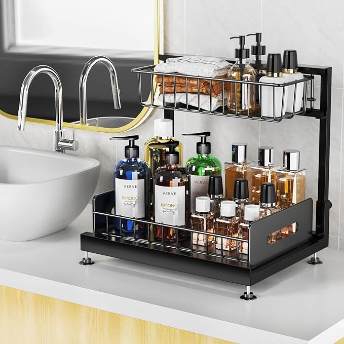 2 Pack Under Sink Organizers and Storage,Pull Out Cabinet Organizer,2-Tier Sliding Out Kitchen Basket Sink Shelf Cabinet Organizers Adjustable L Shape Counter Organizers for Bathroom Kitchen (Black)