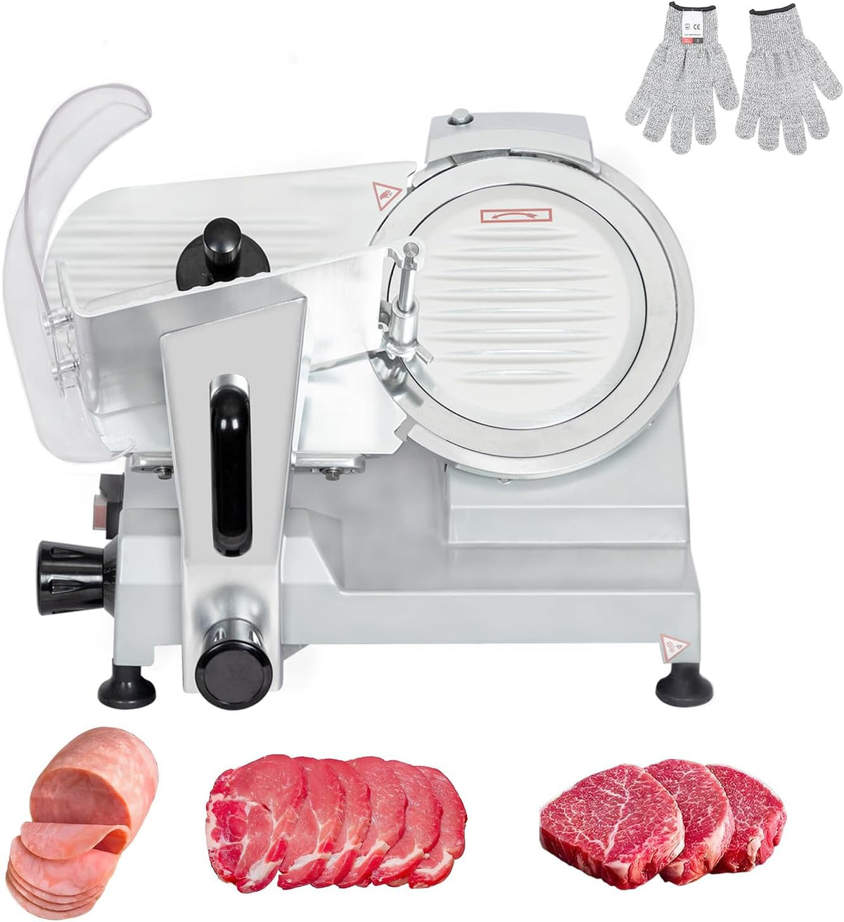CTJ Commercial Meat Slicer 12" Electric Deli Slicers 250W Meat Cutter Machine (0-0.62") Adjustable Thickness Food Slicer with Cut-Resistant Gloves for Vegetables, Hard Bread, Cheese, Ham