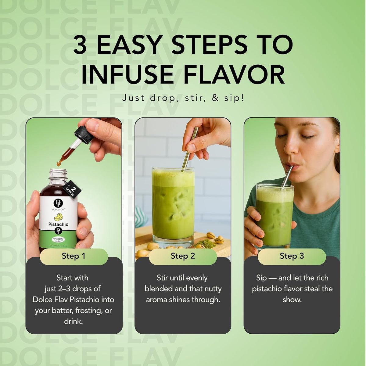 Dolce Flav Pistachio Extract – 2 Ounce Water-Soluble Kosher, Sugar-Free, Concentrated Nutty Pistachio Flavor for Baking, Ice Cream & Pastries, Includes Measured Dropper