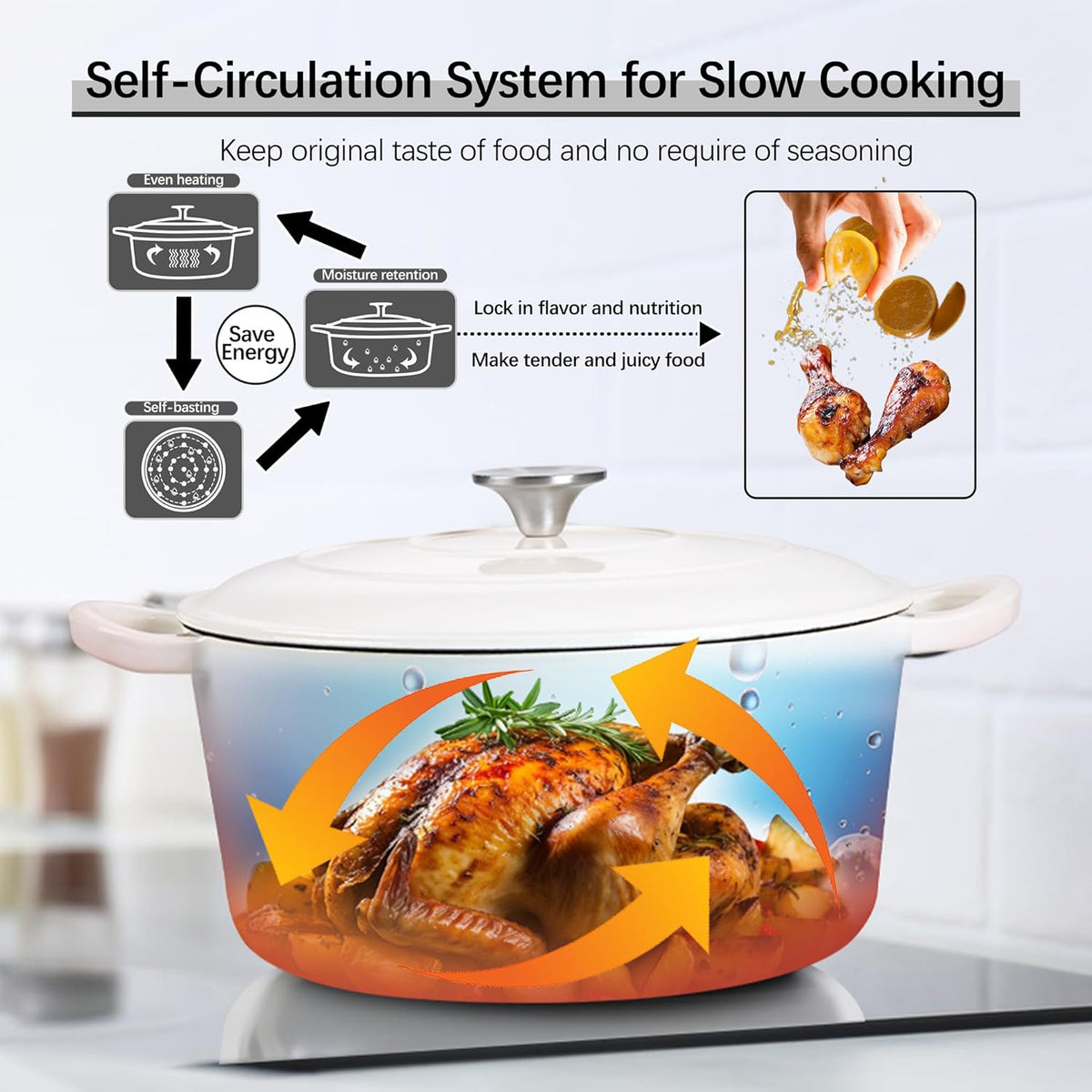 E-far Dutch Oven Pot with Lid, 5 Quart Enameled Cast Iron Round Dutch Oven Stockpot for Bread Baking/Braising/Cooking/Roasting/Stewing, Heavy Duty Nonstick Cookware Safe for Induction & Oven - White
