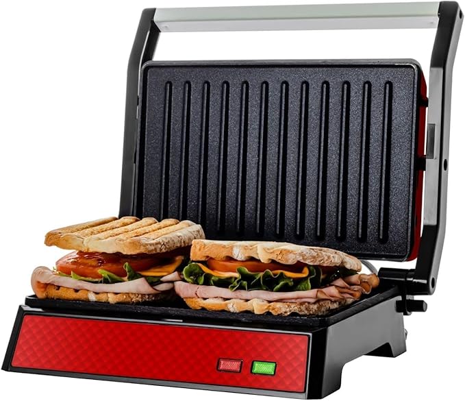 OVENTE Electric Indoor Panini Press Grill and Sandwich Maker with Non-Stick Coated Plates, Cool-Touch Handle and Removable Drip Tray, Opens 180 Degrees to Fit Any Type or Size of Food, Red GP0620R