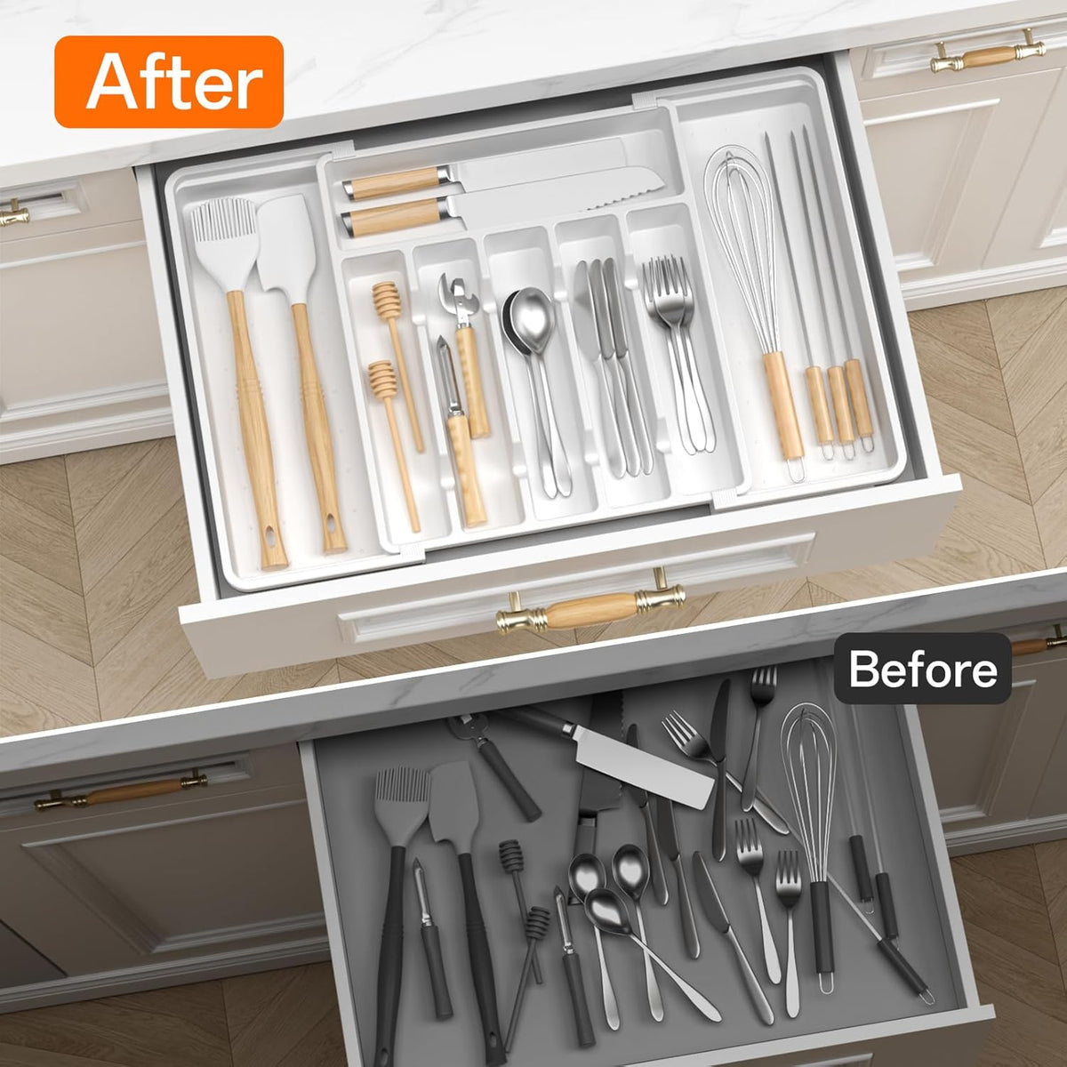 Large Silverware Organizer,Expandable Utensil Drawer Organizer,BPA Free Utensil Holder,Adjustable Silverware Tray Cutlery Drawer Organizer for Kitchen Flatware,Large,White (6-8 Slots)
