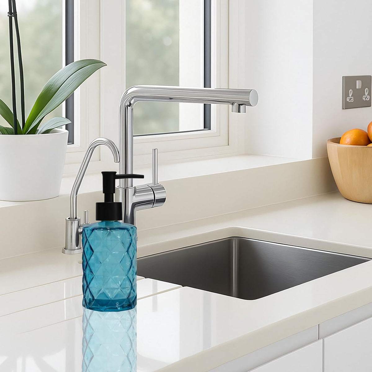 12Oz Small Glass Soap Dispenser with Black Plastic Pump, Blue Refillable Kitchen Countertop Liquid Hand Soap Dispensers with Diamond Design, Crystal Bathroom Lotion Bottle for Dispense Dish Soap