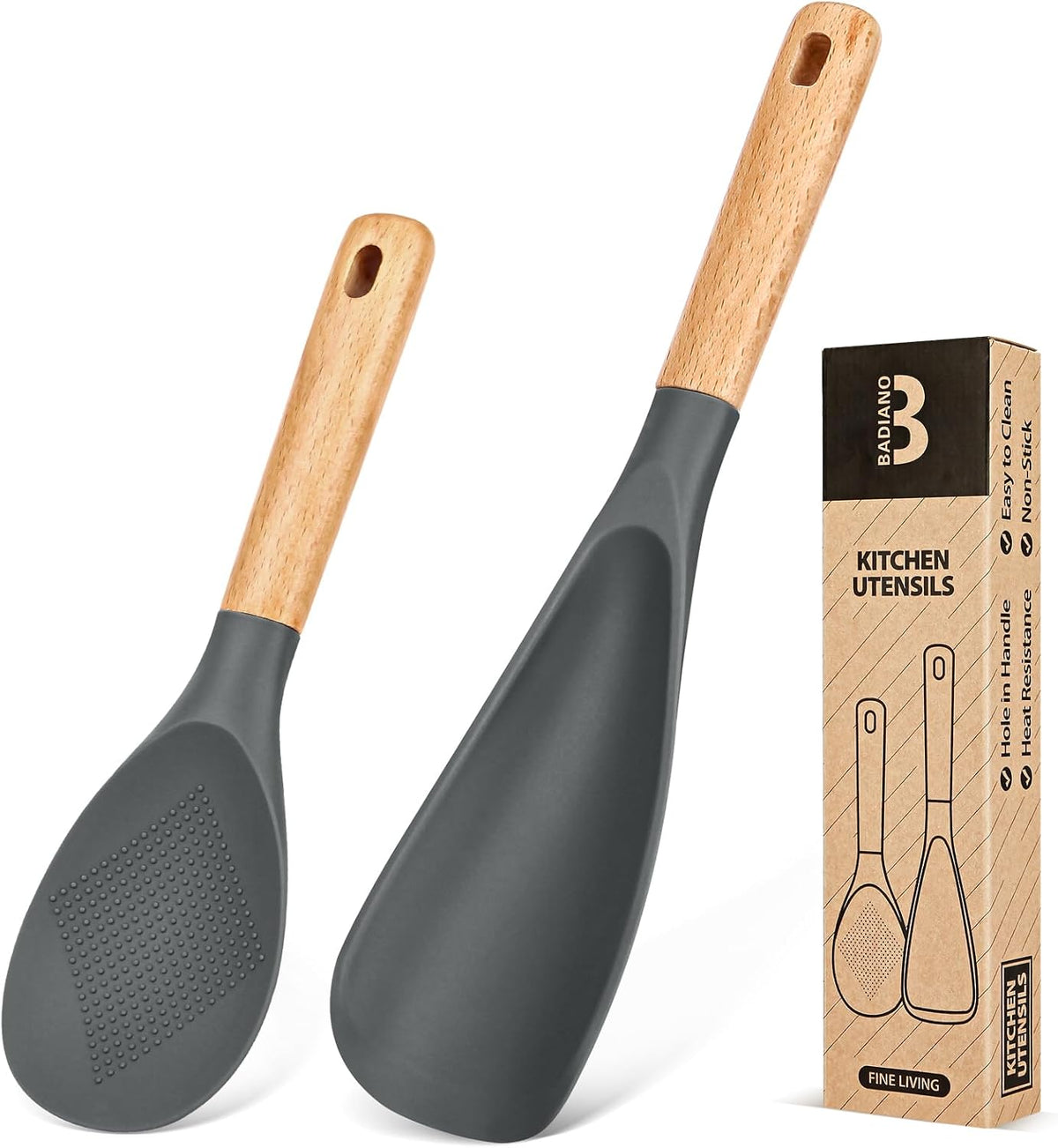 Cooking Spoon and Rice Scooper for Nonstick Cookwares, Great for Cooking and Serving Sturdy BPA-Free Matte Silicone, Wood Handle Spoon for Mixing, Scoop, and Scrape (GREY)