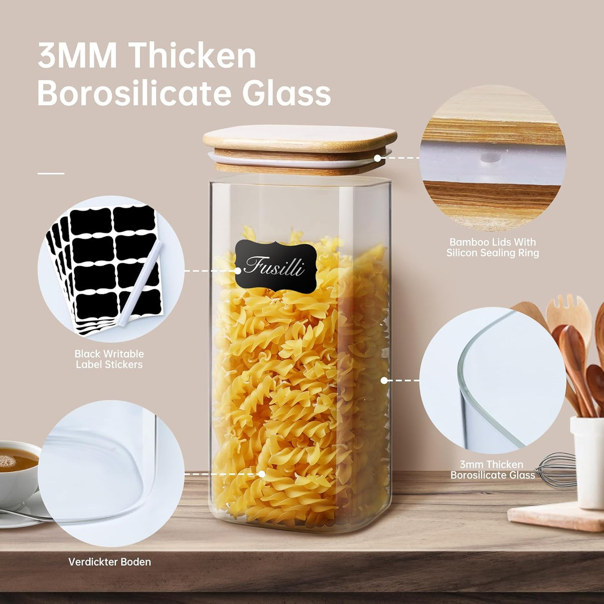 Square Glass Jars with Bamboo Lids 53 FL OZ [Set of 4], Glass Canisters with Airtight Lid, Glass Food Storage Containers for Pasta, Cereal, Coffee, Flour, Sugar, Best for Kitchen & Pantry