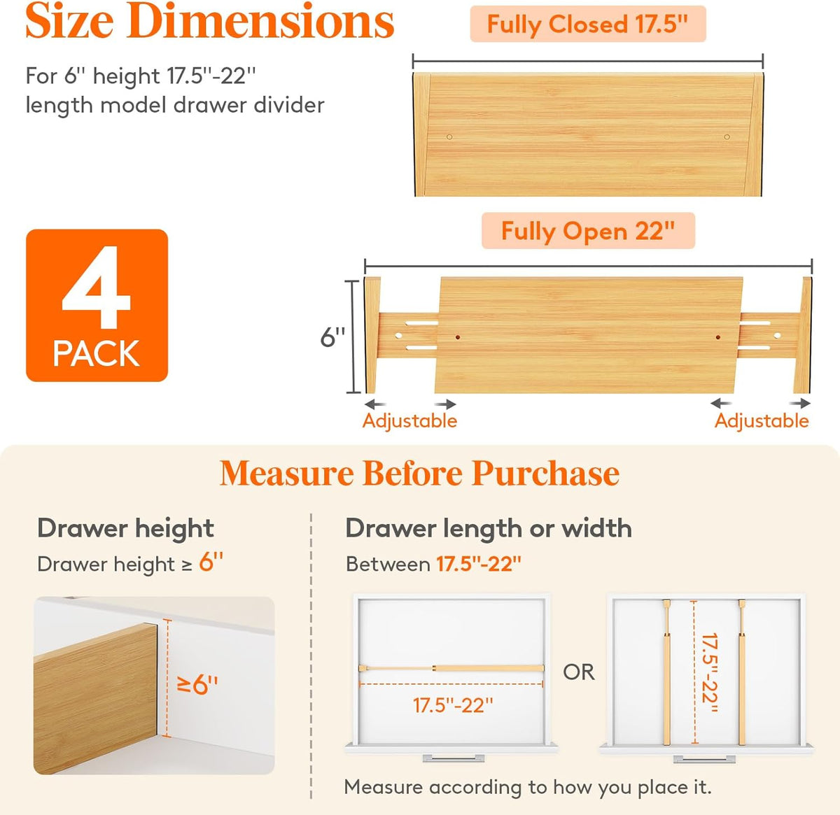 Lifewit 4 Pack 6" Deep Bamboo Drawer Dividers, 17.5-22" Expandable Drawer Organisers for Clothes, Adjustable Dresser Drawer Divider, Clothing Drawers Separators for Dresser, Bedroom, Bathroom, Office