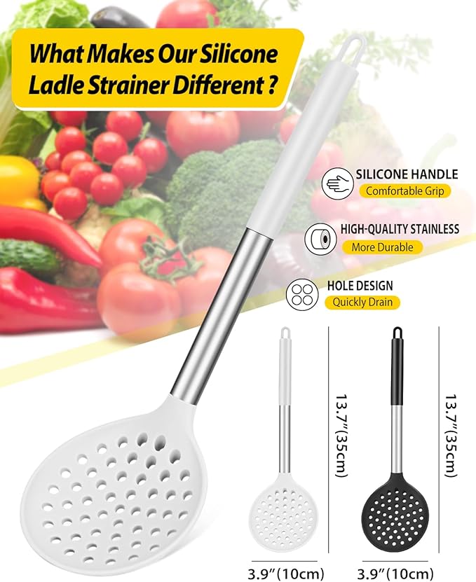 Kitchen Ladle Strainer Set of 2 Large Slotted Spoon with High Heat Resistant BPA Free Non Stick Cooking Skimmers For Draining and Frying (Black-White)