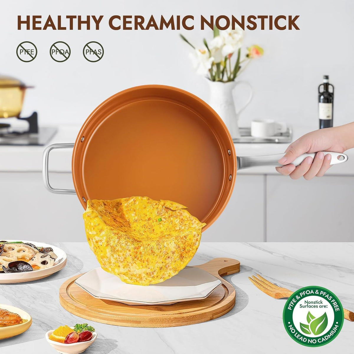 Ceramic Saute Pan with Lid, 5.5QT Nonstick Frying Pan without PFAS, PTFE, or PFOA, Stainless Steel Base Deep Skillet for All Cooktops, Oven & Dishwasher Compatible