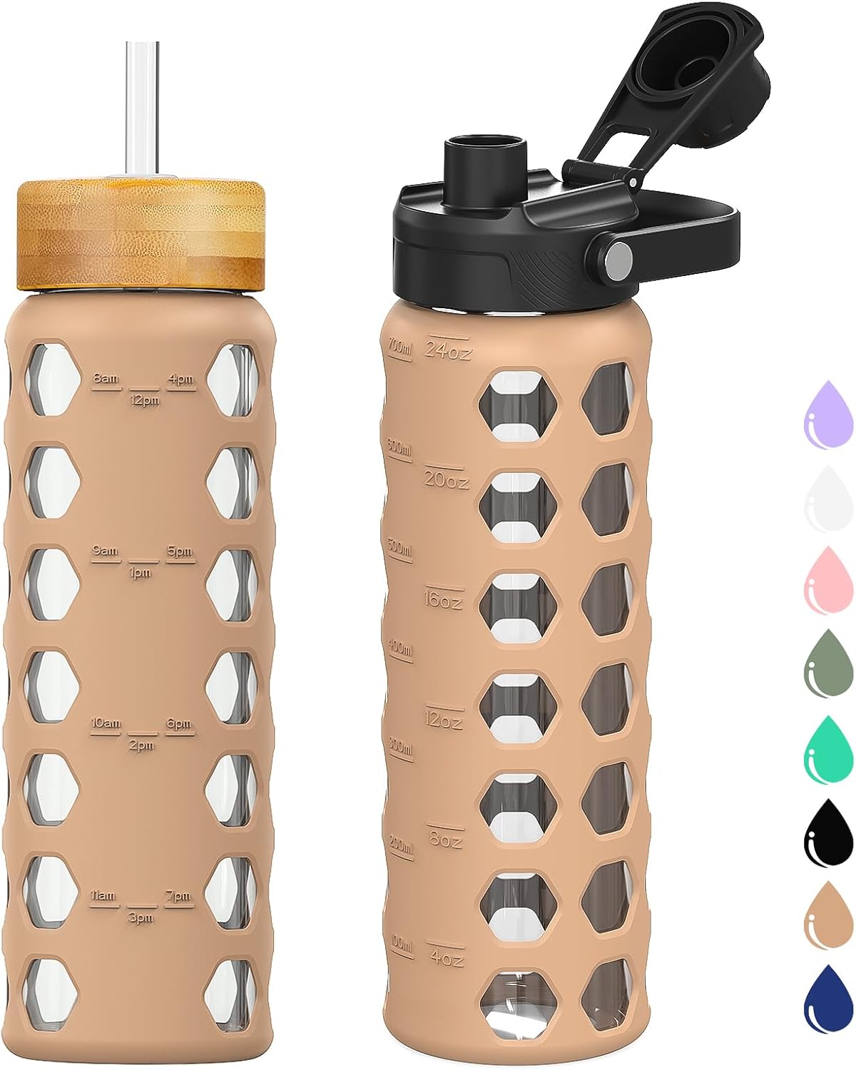 MUKOKO Glass Water Bottles, 24oz Glass Tumbler with Straw, Drinking Bottles with 2 Lids-Handle Spout Lid&Bamboo Straw Lid, Motivational Water Bottle with Time Marker and Silicone Sleeve, 1 Pack-Amber
