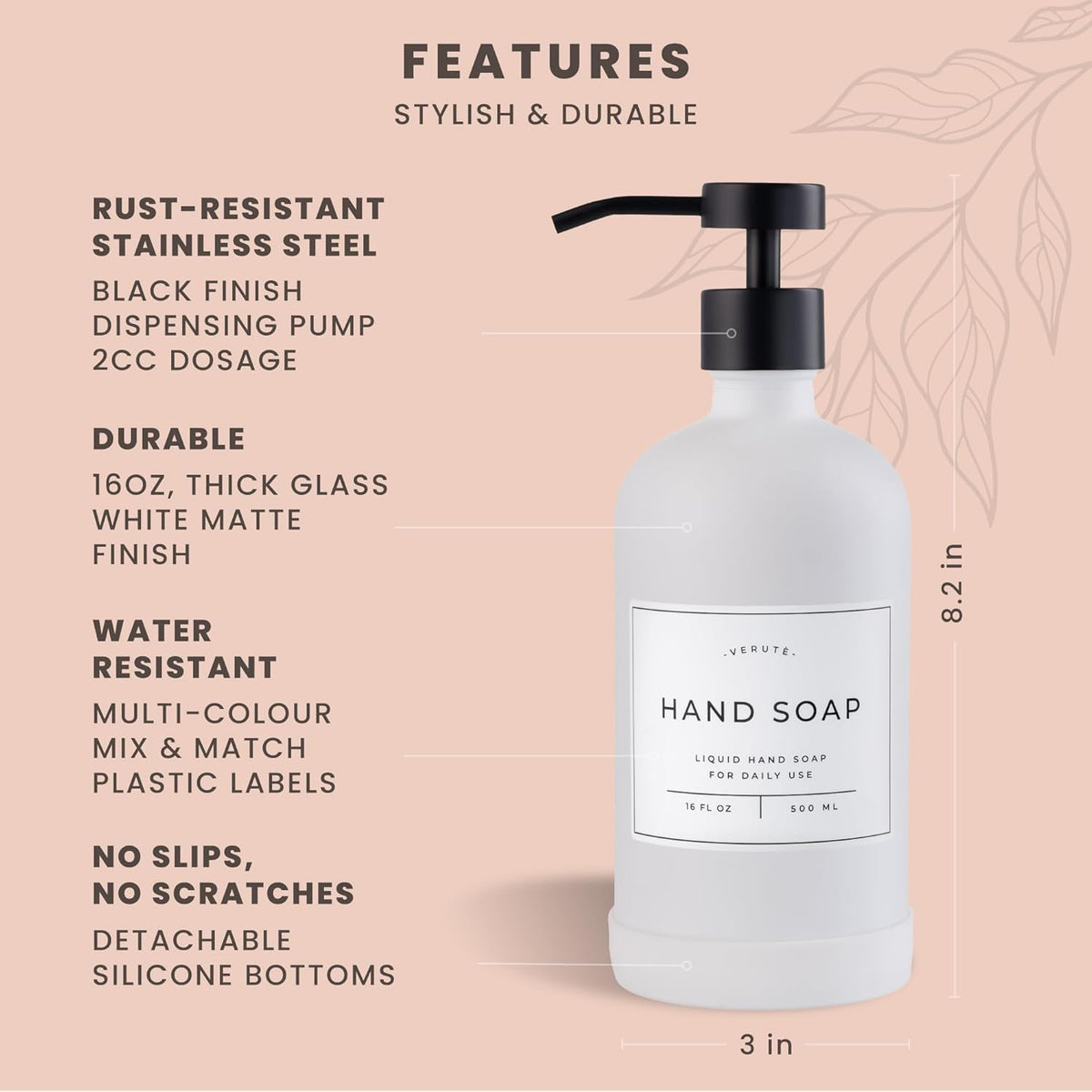 16oz Glass Soap Dispenser with Stainless Steel Pump, 21 Waterproof Labels, Non-Slip Protective Silicone Pad, Set of 2 for Bathroom & Kitchen (Matte White Bottle/Black Pump)