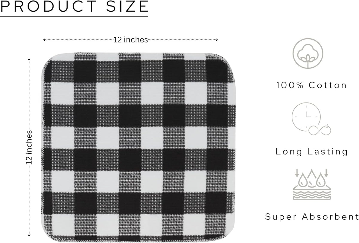 PurpleEssences Waffle Weave Plaid Dish Cloths, 100% Cotton - 12 x 12 Inches, Ultra Soft Absorbent Quick Drying Dish Towels Buffalo Check Dish Rags for Kitchen, 6 Pack - Spring Summer- Black and White
