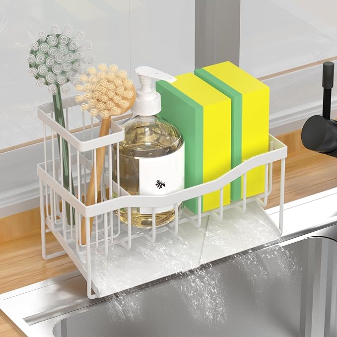 Maifan Sink Caddy Sponge Holder for Kitchen with Brush Holder and Stainless Steel Self Drain Tray, Rustproof Kitchen Sink Organizer for Sponge, Soap Dispenser Storage Accessories