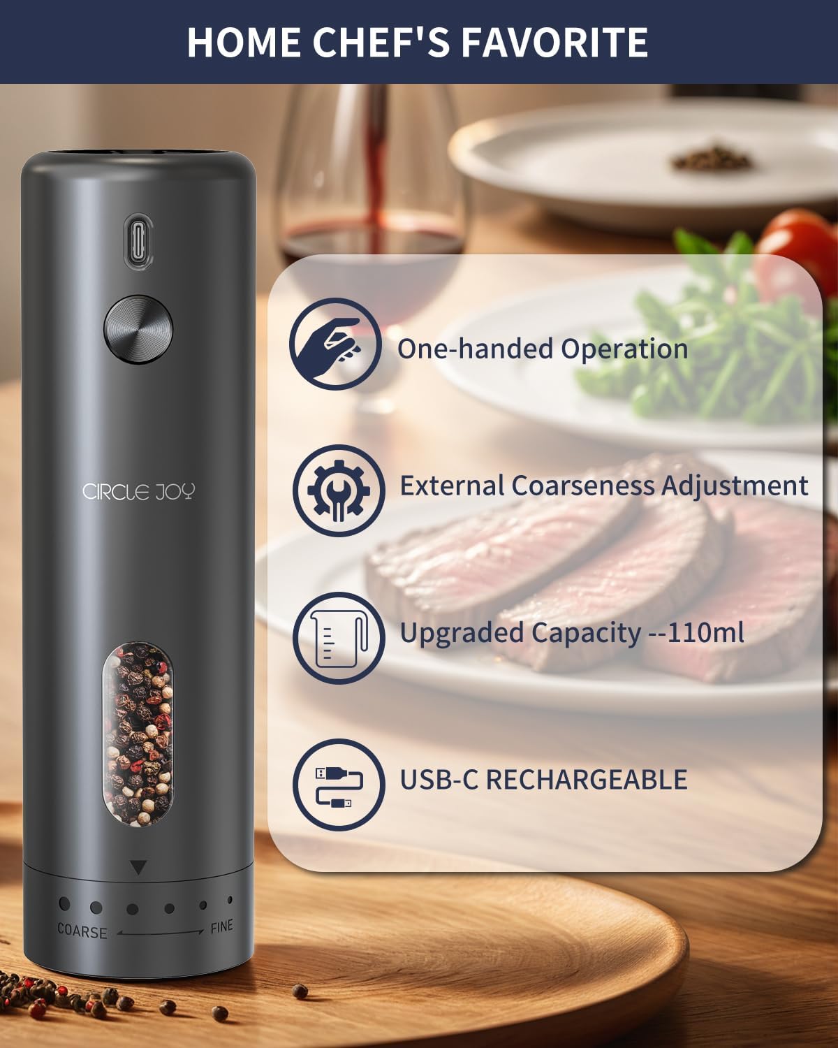 CIRCLE JOY Electric Pepper Grinder Rechargeable, Automatic Pepper Mill with 110ml Container, External Adjustable Coarseness, White Led Light and One-Handed Operation, Black