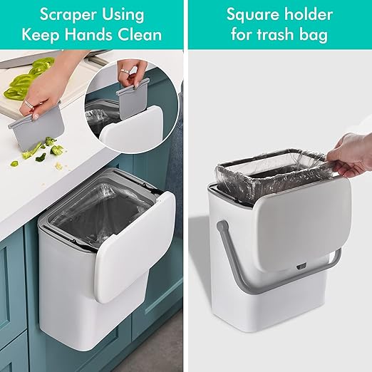 Hanging Trash Can 2 Pack&2.4 Gallon Kitchen Compost Bin for Cabinet Door,Small Under Sink Garbage Can with Lid,Grey+White