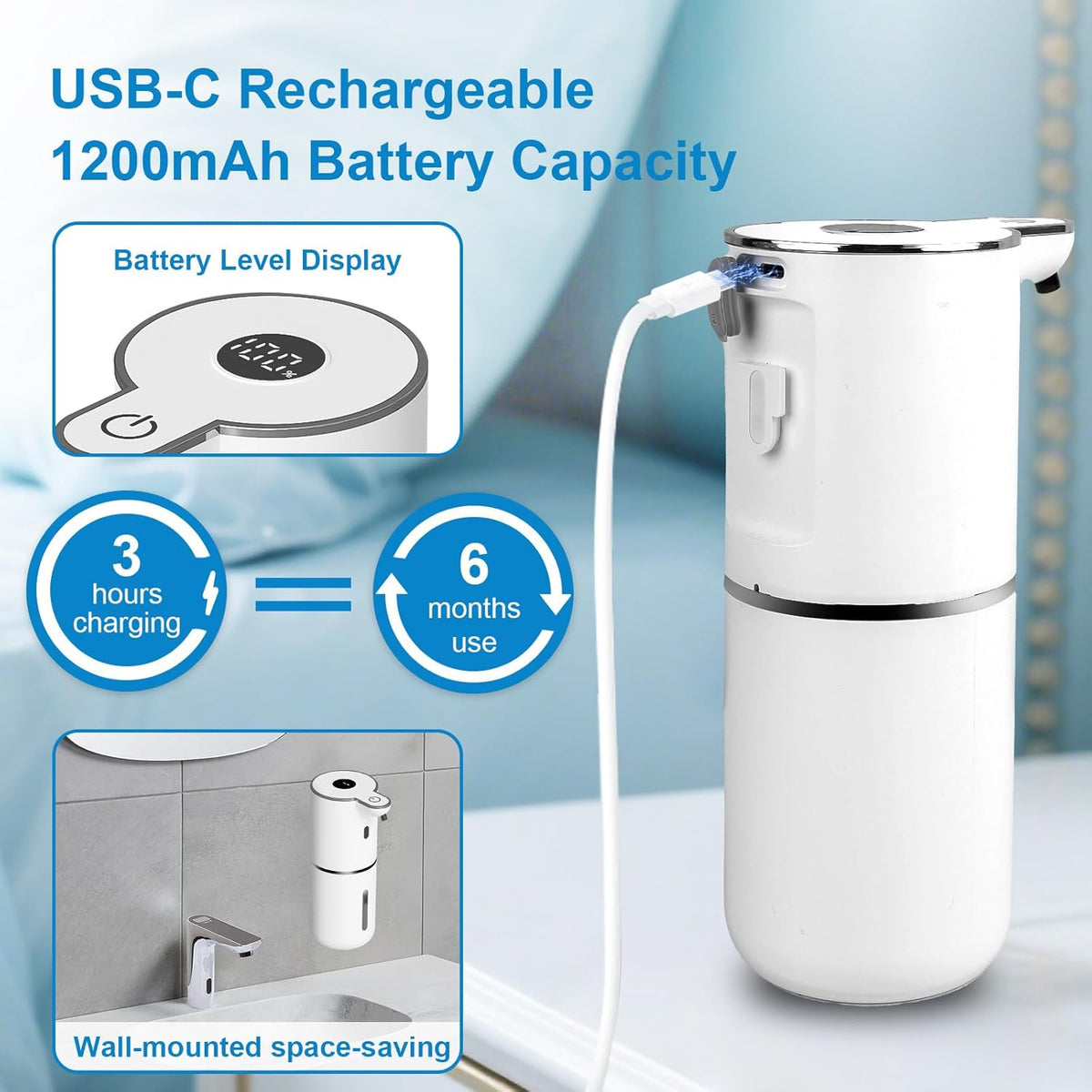 Automatic Liquid Soap Dispenser Touchless, USB Rechargeable Smart Hand Soap Dispenser, 6-Level Adjustable, 12.8oz/380mL Wall Mounted for Bathroom Kitchen Dish Soap