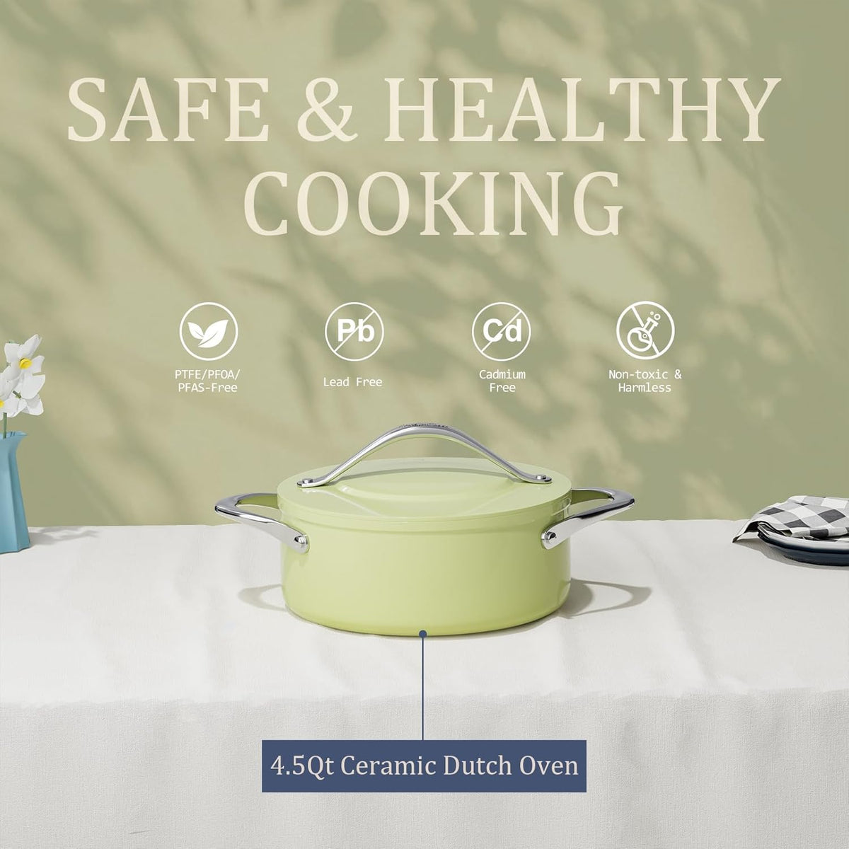 Stock Pot 4.5qt Dutch Oven with Lid (9.5") Nonstick Ceramic Coated Non-Toxic PFAS-Free Even Heat Distribution for Braising, Baking Bread & Soups, Compatible for All Cooktops(Induction/Gas/Electric) Oven Safe to 500°F (Avocado Green)