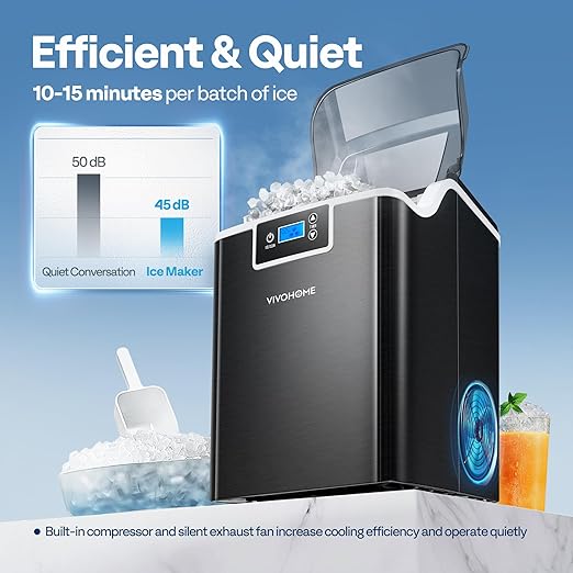 VIVOHOME Nugget Ice Maker Countertop, Portable Pebble Ice Maker Machine with 44lbs/Day, Soft Chewable Pellet Ice Machine with Self-Cleaning, Scoop, 10 Ice Bags, for Home Kitchen, Party, RV, Camping