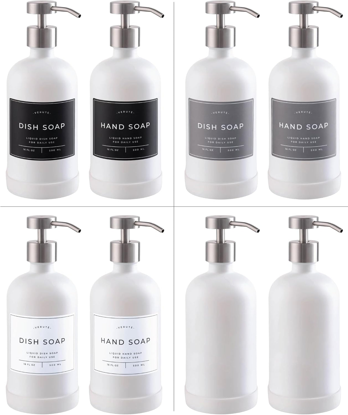 16oz Glass Soap Dispenser with Stainless Steel Pump, 21 Waterproof Labels, Non-Slip Protective Silicone Pad, Set of 2 for Bathroom & Kitchen (Matte White Bottle/Brushed Silver Pump)