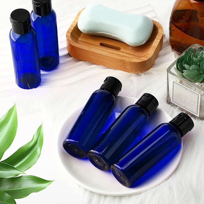Zhehao 200 Pcs 2 oz Blue Plastic Empty Bottles Small Travel Size Bottles with Flip Cap Empty Transparent Dispenser Container for Liquids Toiletries Shampoo Lotion (Black Cap)