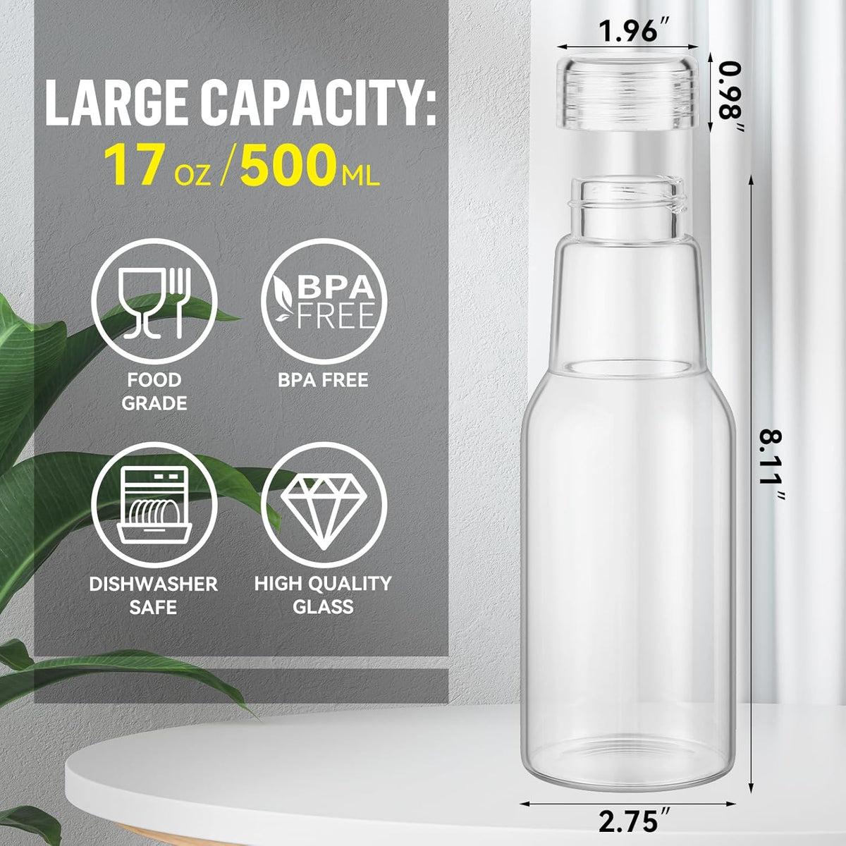 17 Oz Glass Juice Bottles with Lids, Glass Bottles, BPA Free, Borosilicate Glass for Juicing, Smoothies, Infused Water, Beverage Storage, Shaker Bottles (1 Pack)