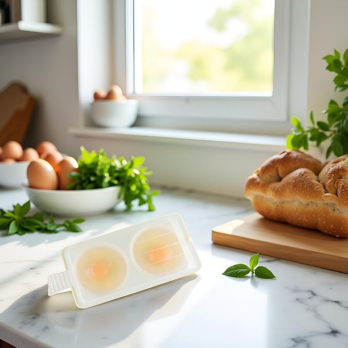 1Pc White 2 Slots Microwave Oven Egg Steamer Poacher Cooker, Rectangular,Poach Eggs, Boil Eggs, Cook Eggs, Steam Eggs Egg Poachers Specialty Cookware (2 Eggs Capacity)