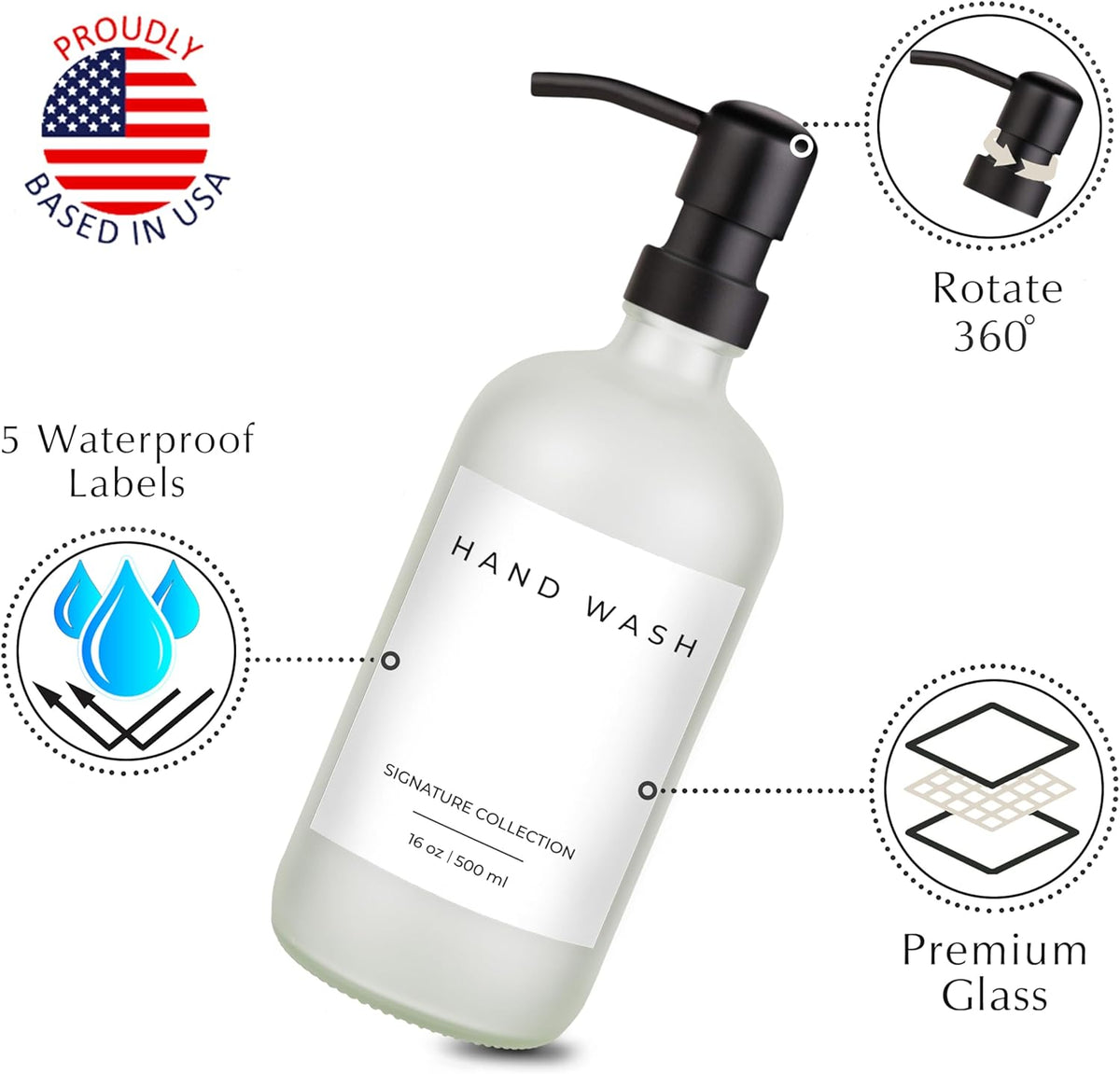 Emerson Essentials Glass Soap Bottle Dispensers, 2 Pack, Stainless-Steel Pumps Rust-Free, Hand Set for Bathroom Kitchen Sink, Liquid Lotion Shampoo Jars with 4 Waterproof Labels, 16 Oz Frost/Black