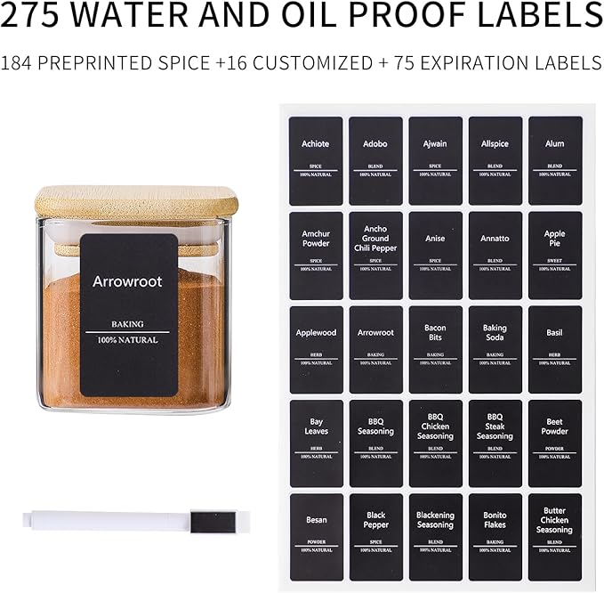 12Pcs 4oz Spice Jars with 275 Labels, Small Seasoning Glass Container Empty Organizer with Bamboo Lid Set for Pepper, Salt, Sugar