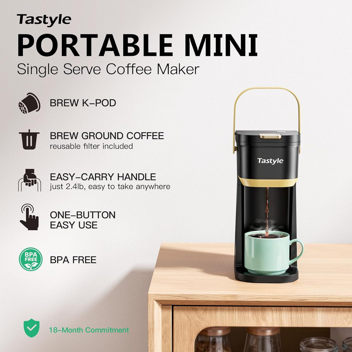 Single Serve One Cup Coffee Maker, for K Cups and Grounds, Mini Coffee Maker with Portable Handle, 6 to 12 Oz Brew Size, for Travel, Camping, Office, RV and Dorm, 120V, Black and Gold