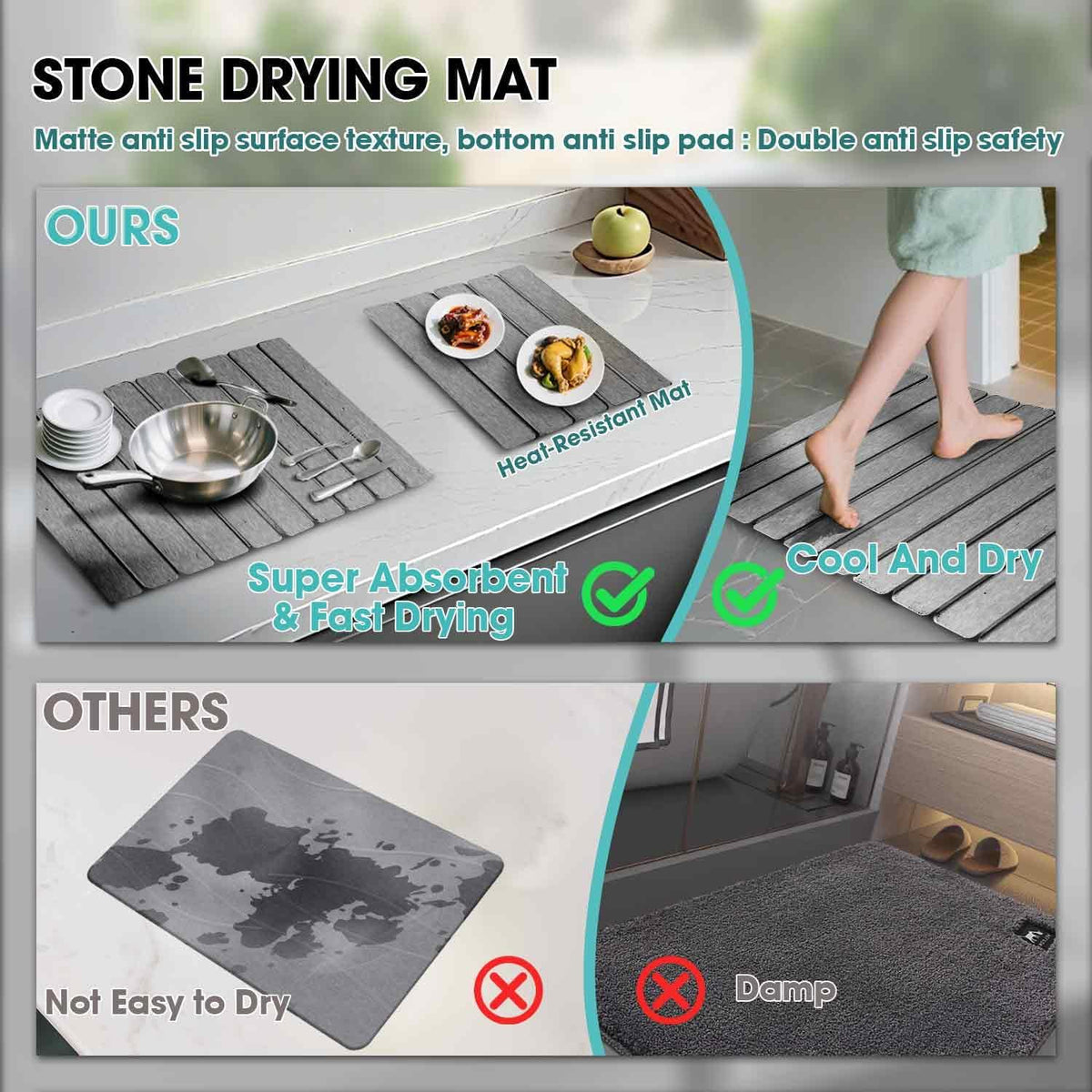 Dish Drying Mat Stone Bath Mat Diatomaceous Earth Stone Drying Mat For Kitchen Counter Sink Bath Mat Quick Dry Non Slip Foldable Dish Drying Rack Mat Small(16"×12" Dark Grey)