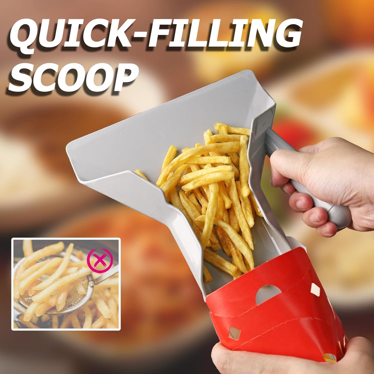 Polycarbonate French Fry Popcorn Scoop, Quick Fill Tool for Food Bags & Boxes, Multipurpose Utility Scooper for Bagger French Fries, Snacks, Desserts, Ice, Dry Goods(Right Handle)