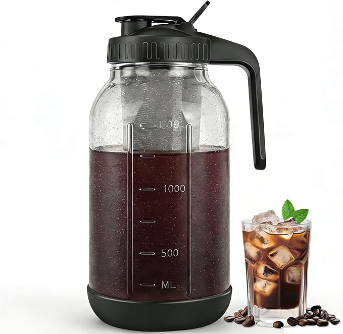 Cold Brew Coffee Maker, 64oz Mason Jar Pitcher with Stainless Steel Filter, Sealed, Leak-Proof Lid with Pour Spout & Handle, Heavy Duty Glass Iced Coffee Tea Brewer with Non-Slip Silicone Base-Black