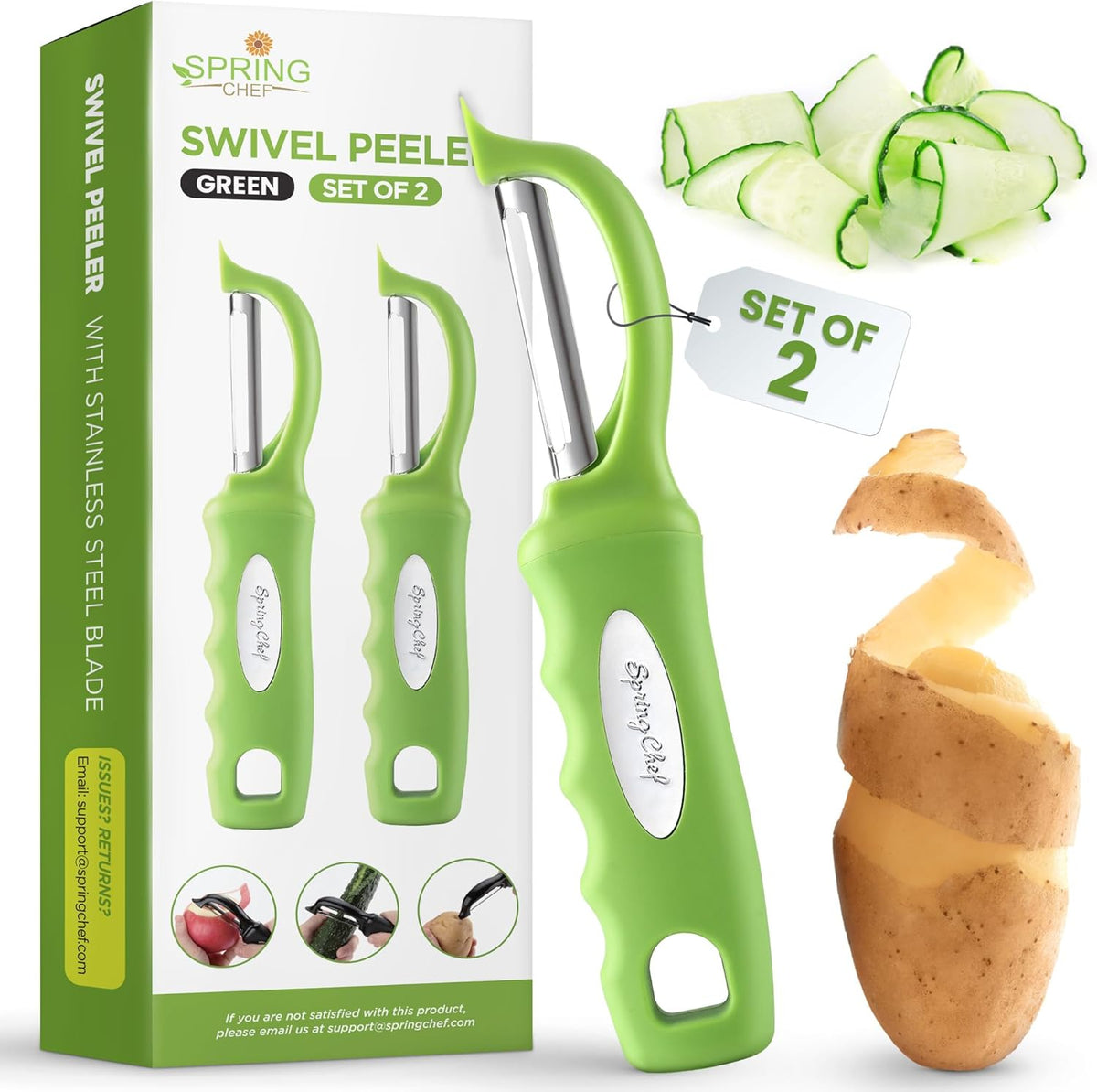 Spring Chef Premium Green Swivel Vegetable Peeler Set of 2, Stainless Steel Apple Peeler for Kitchen with Soft Grip Handle, Dishwasher Safe, Perfect for Potato, Carrot, Veggie, Fruit, Apple, Mango