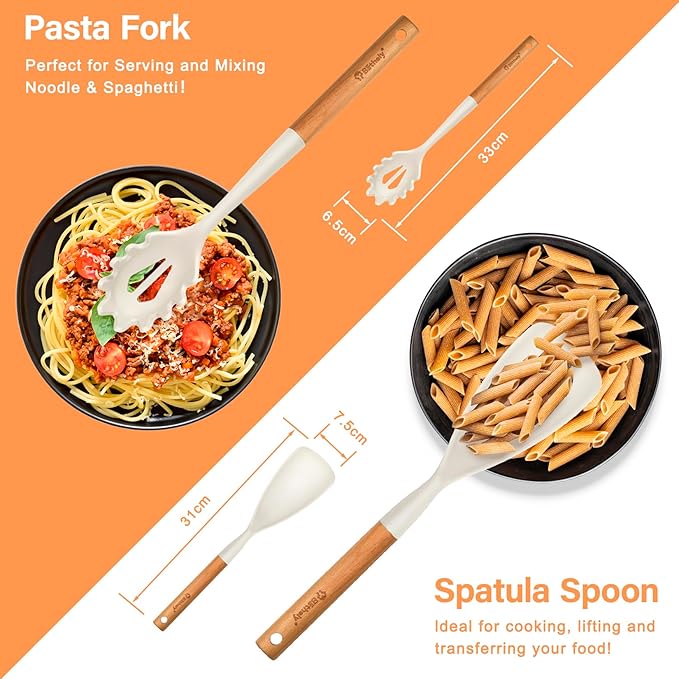 Silicone Cooking Spoon and Pasta Fork Set, 2 Pack Large Spatula Spoons Set with Wooden Handle, Heat Resistant Multifunction Spoon for Cooking, Serving and Mixing Spaghetti (White)