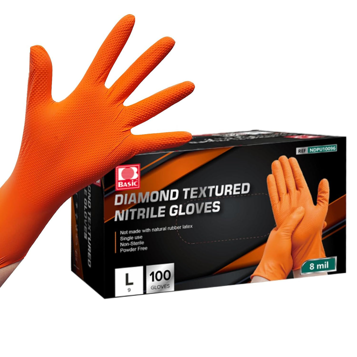 Jointown Basic Heavy Duty Nitrile Gloves, Mechanic Gloves 8 Mil Nitrile Disposable, with Raised Diamond Texture, Case of 100, Orange, Large