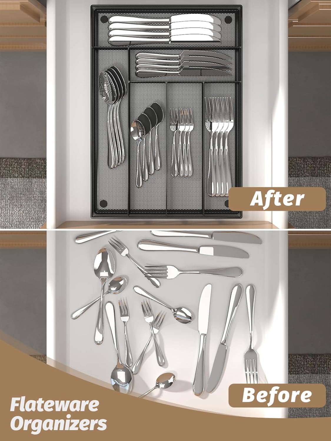 Silverware Organizer Metal Mesh, Large Drawer Organizer, Utensil Cutlery Tray for kitchen drawers, Flatware Organizer with 6 Compartment, Black (11.3”*16“)