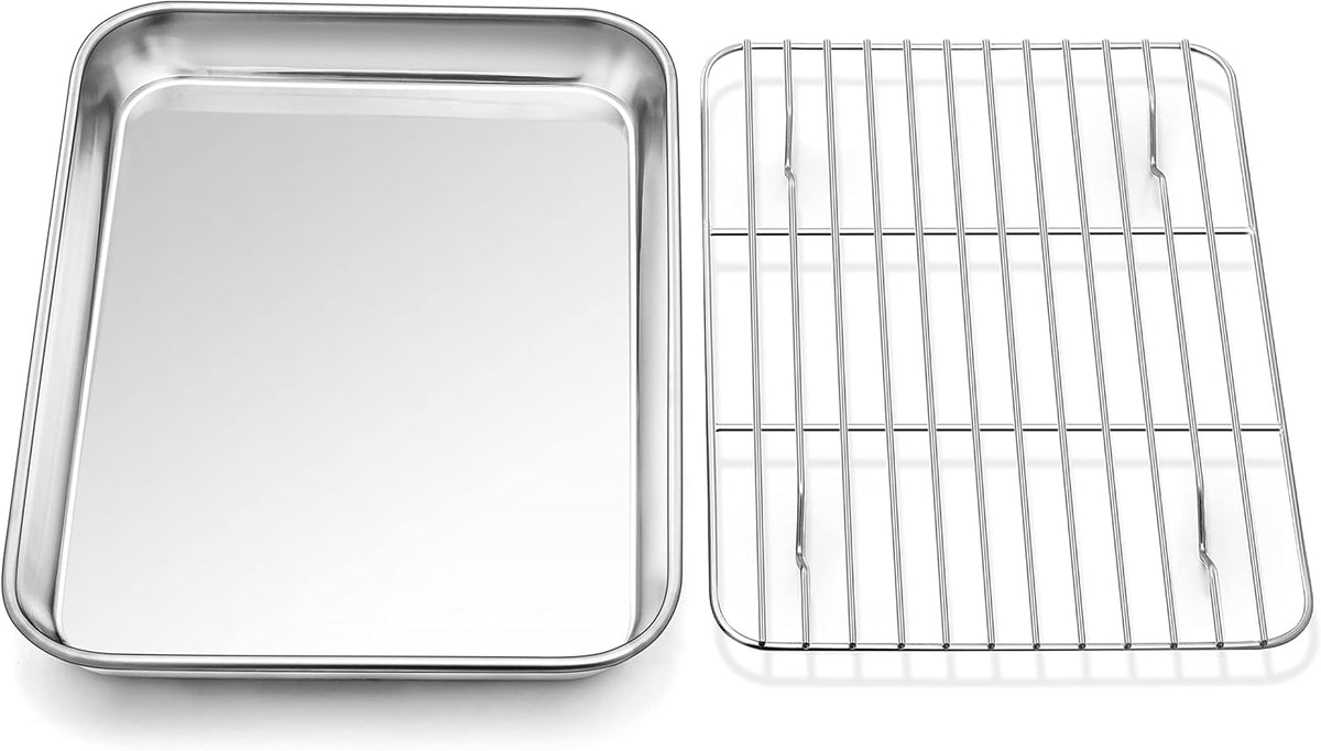 P&P CHEF 10.4 Inch Baking Sheet Pan with Rack Set, Stainless Steel Cookie Sheet Pan Tray with Cooling Rack for Oven Use, Cooking Roasting, Non Toxic & Dishwasher Safe, Heavy Duty