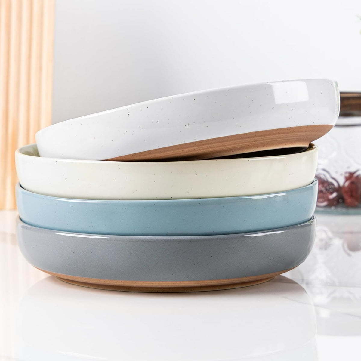 AmorArc 8.75'' Large Ceramic Pasta Bowls, 36oz Handpainted Stoneware Bowls Set of 4, Microwave&Dishwasher Safe Bowls with Rustic Terracotta Underside for Pasta Salad, Multi-Color
