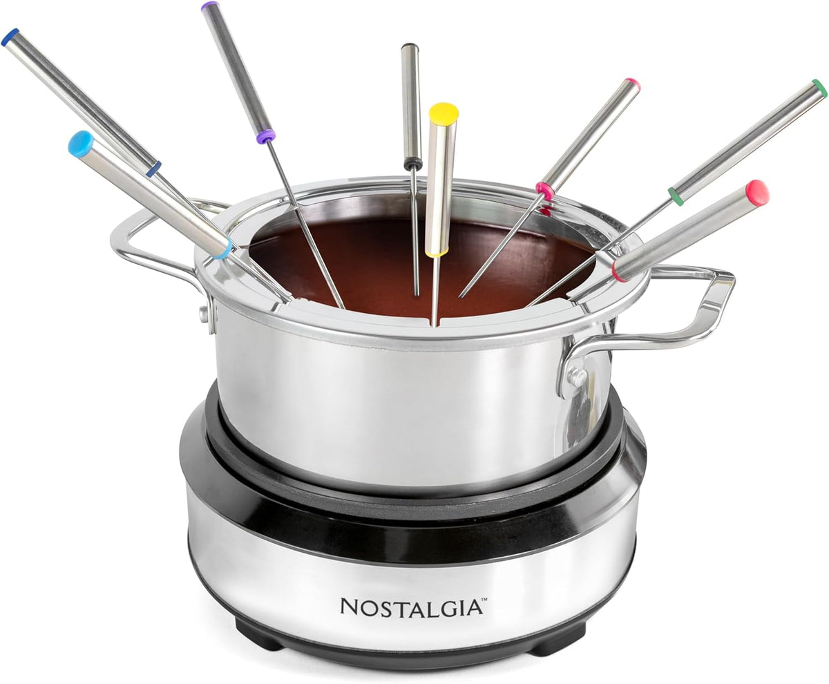 Nostalgia 8-Cup Electric Fondue Pot Set for Cheese & Chocolate - 8 Color-Coded Forks, Temperature Control - Kitchen Gadgets and Appliances for Hors d'Oeuvres and More - Stainless Steel