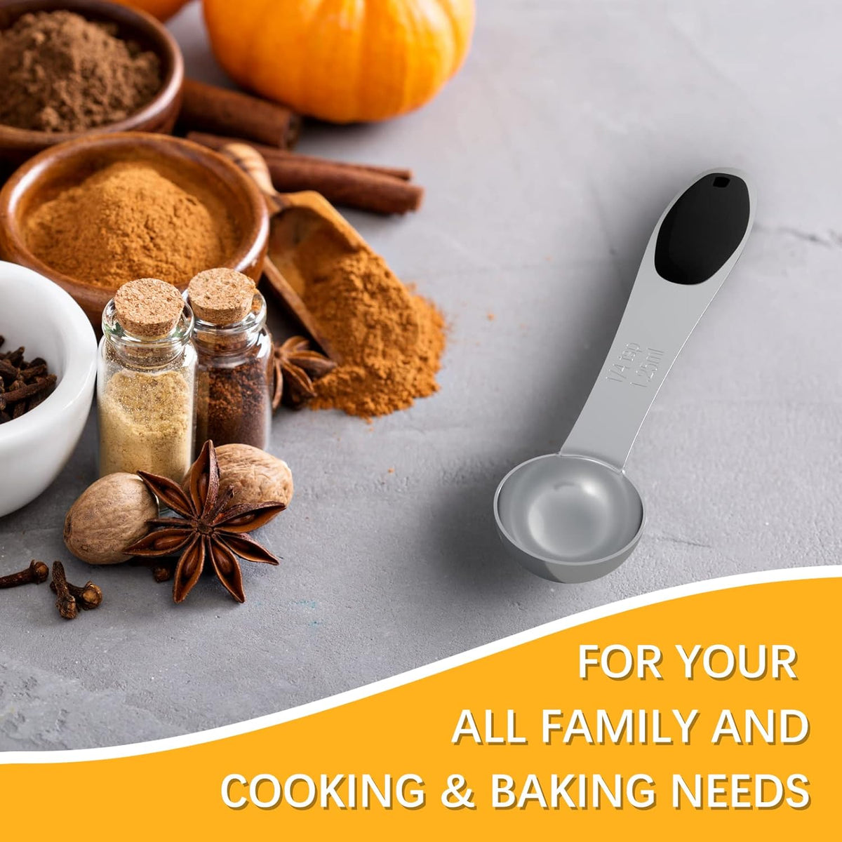 1PCS 1/4 Tsp(1.25ml) Single Measuring Spoon with Black Silicone Grip, Stainless Steel Individual Measure Scoop Only