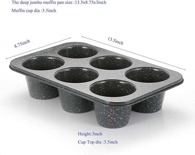 Monfish 2pcs Jumbo Deep Muffin Pan - 6-Cavity Baking Tray, 3.5x3 Inch Cups - Carbon Steel - Black Granite Stone Finish - Extra Large Cupcake Tins for Baking (2 deep muffin)