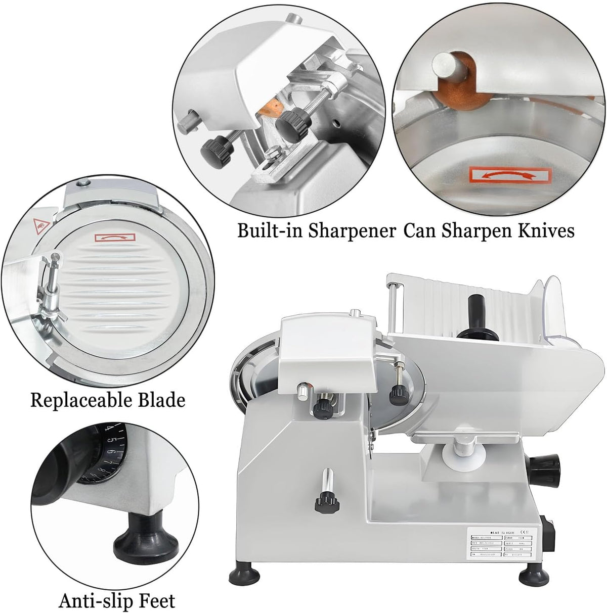 CTJ Commercial Meat Slicer 12" Electric Deli Slicers 250W Meat Cutter Machine (0-0.62") Adjustable Thickness Food Slicer with Cut-Resistant Gloves for Vegetables, Hard Bread, Cheese, Ham