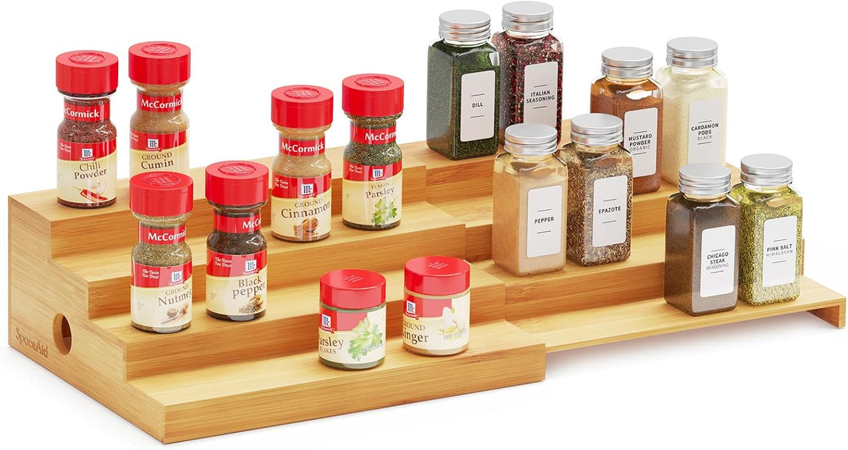 SpaceAid 4 Tier Bamboo Spice Rack Organizer for Cabinet, Kitchen Pantry Spices Storage Rack for Cabinets Organization, Home Seasoning Tiered Can Goods Racks Wood Shelf Organizers (4 Tier, Natural)